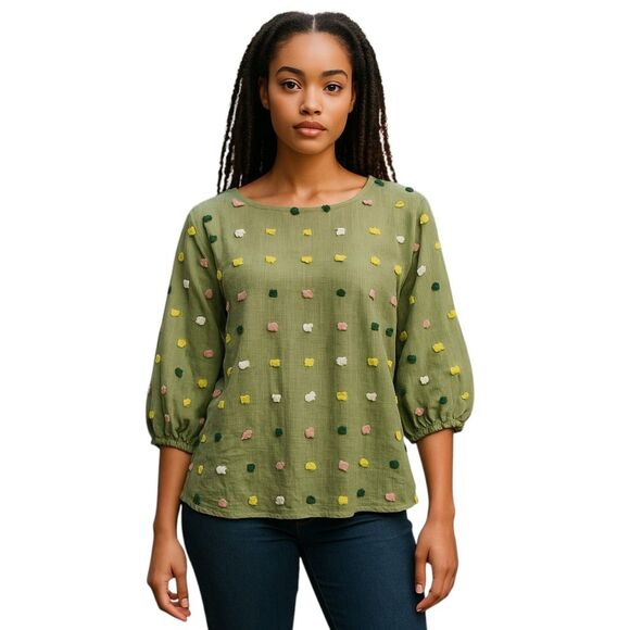 GJO Swiss Dot 3/4 Sleeve Women's Top | Med Green Relaxed Fit - Picture 1 of 9